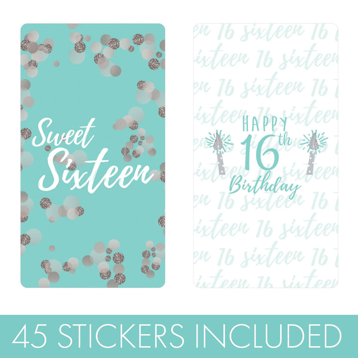 Sweet 16: Teal & Silver - Birthday Party Mini Candy Bar Wrappers - 45 Stickers - Distinctivs Party