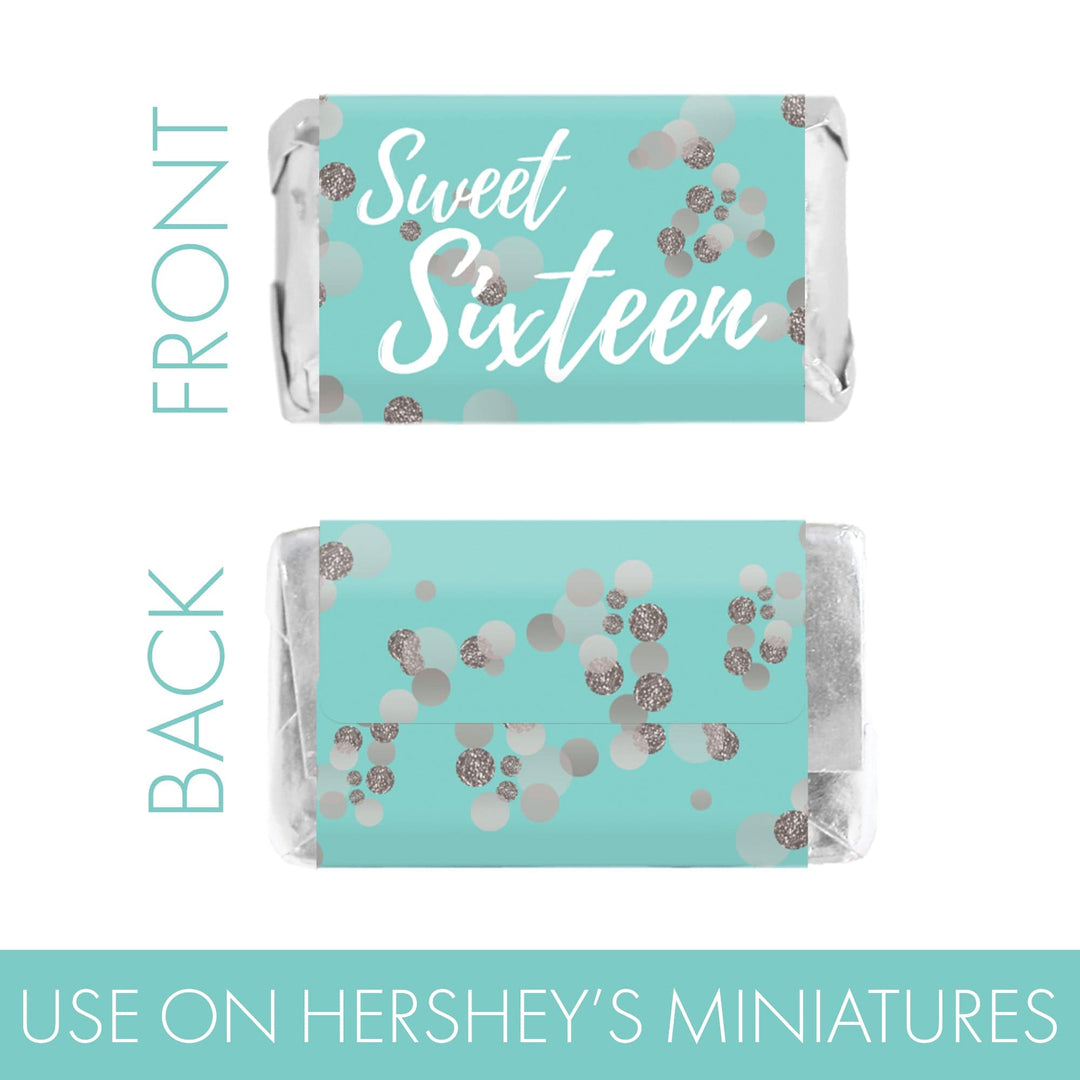 Sweet 16: Teal & Silver - Birthday Party Mini Candy Bar Wrappers - 45 Stickers