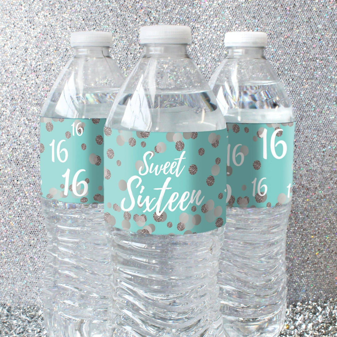 Sweet 16: Teal & Silver -  Birthday Party Water Bottle Labels - 24 Stickers - Distinctivs Party