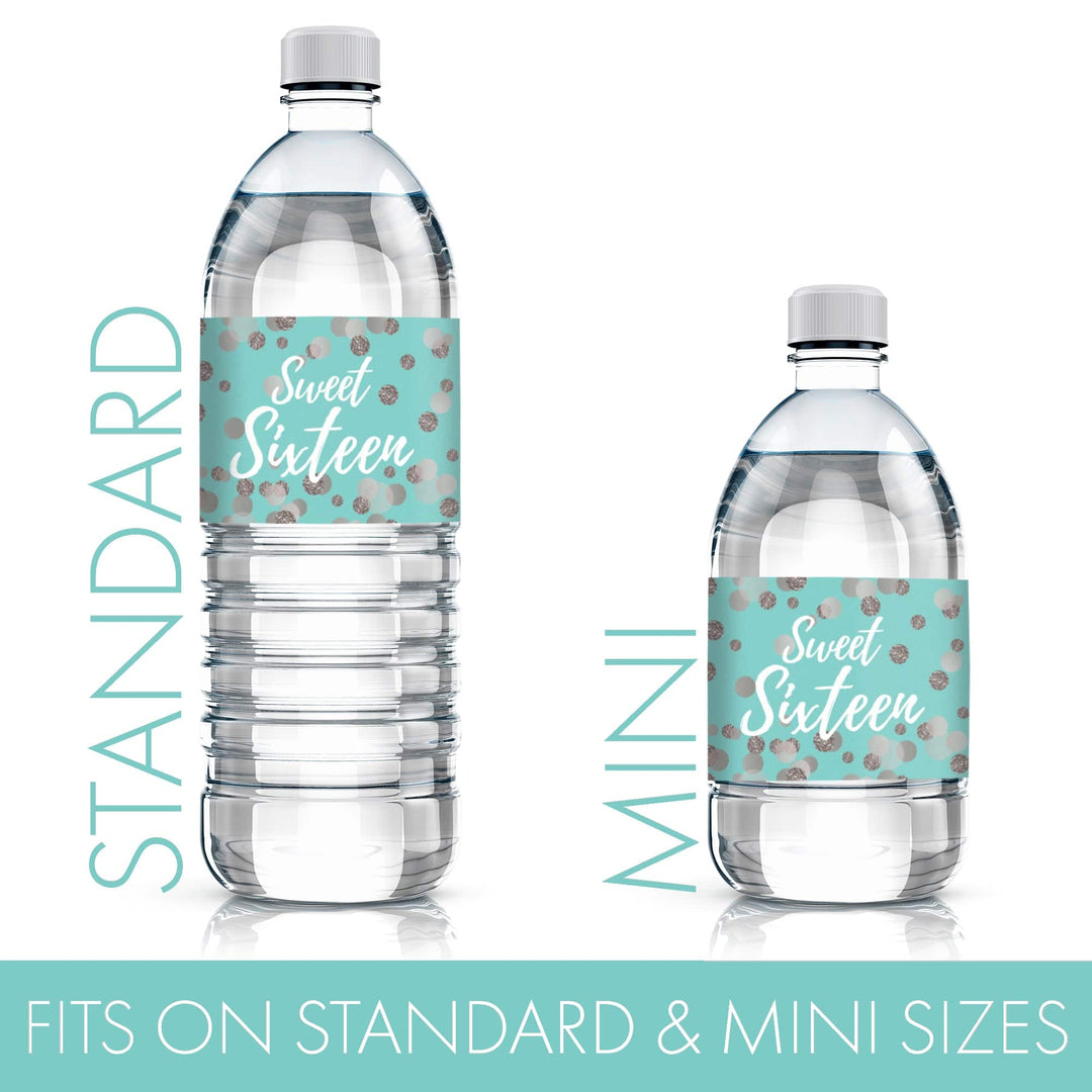 Sweet 16: Teal & Silver -  Birthday Party Water Bottle Labels - 24 Stickers - Distinctivs Party
