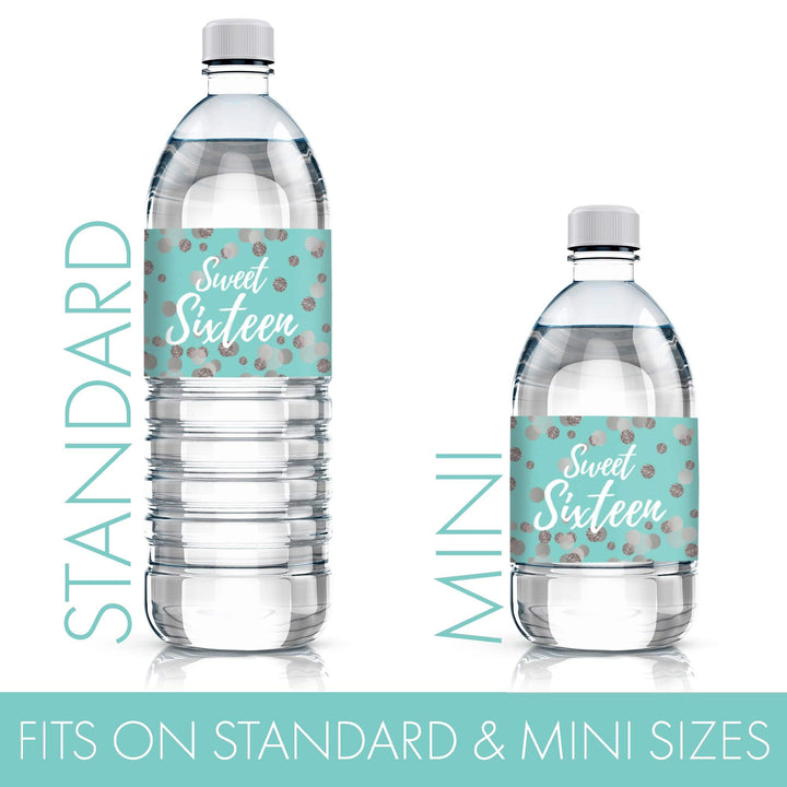 Sweet 16: Teal & Silver -  Birthday Party Water Bottle Labels - 24 Stickers - Distinctivs Party