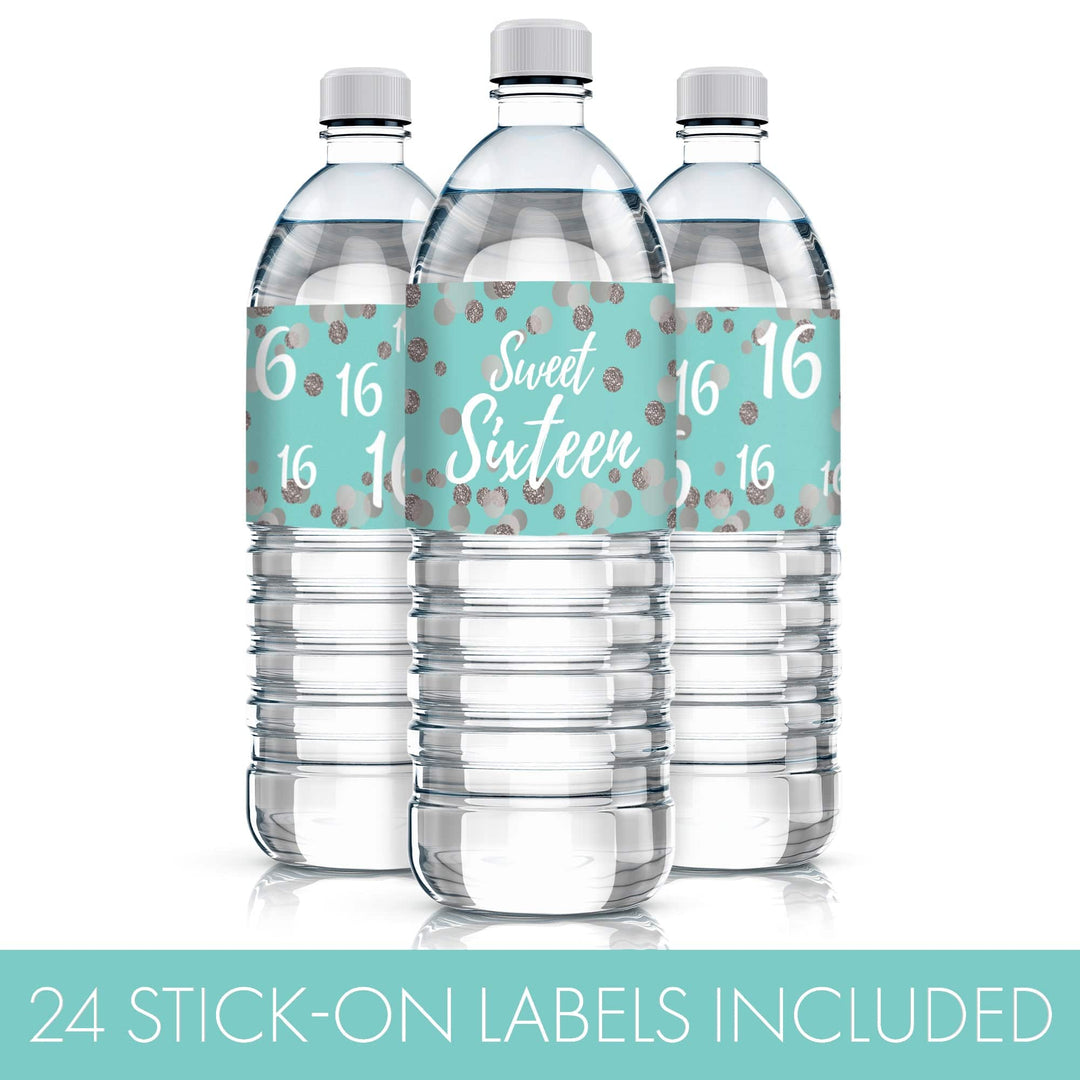 Sweet 16: Teal & Silver -  Birthday Party Water Bottle Labels - 24 Stickers - Distinctivs Party