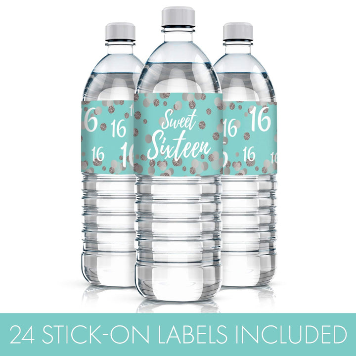 Sweet 16: Teal & Silver -  Birthday Party Water Bottle Labels - 24 Stickers - Distinctivs Party