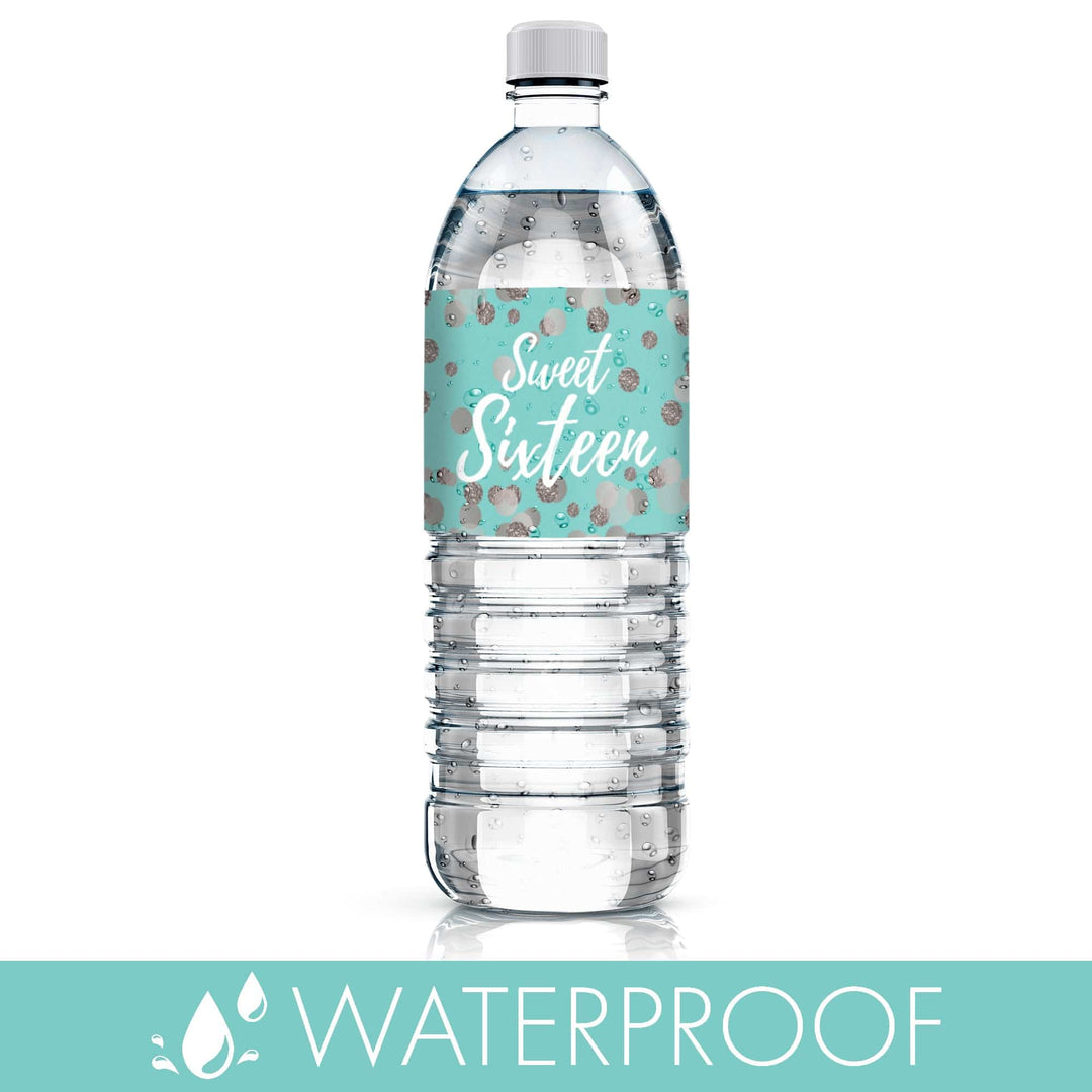 Sweet 16: Teal & Silver -  Birthday Party Water Bottle Labels - 24 Stickers - Distinctivs Party