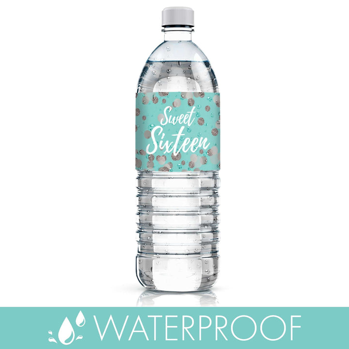 Sweet 16: Teal & Silver -  Birthday Party Water Bottle Labels - 24 Stickers - Distinctivs Party