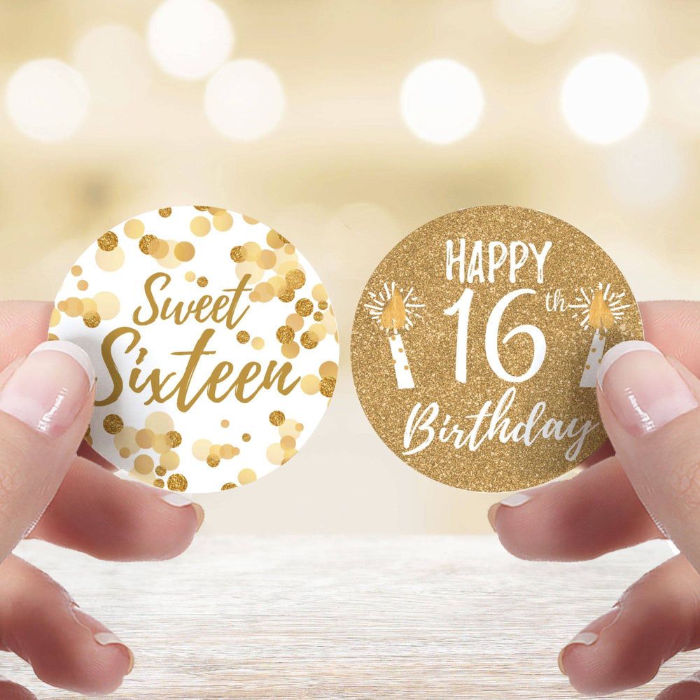 Sweet 16: White & Gold - Birthday Party Favor Stickers - 40 Stickers - Distinctivs Party