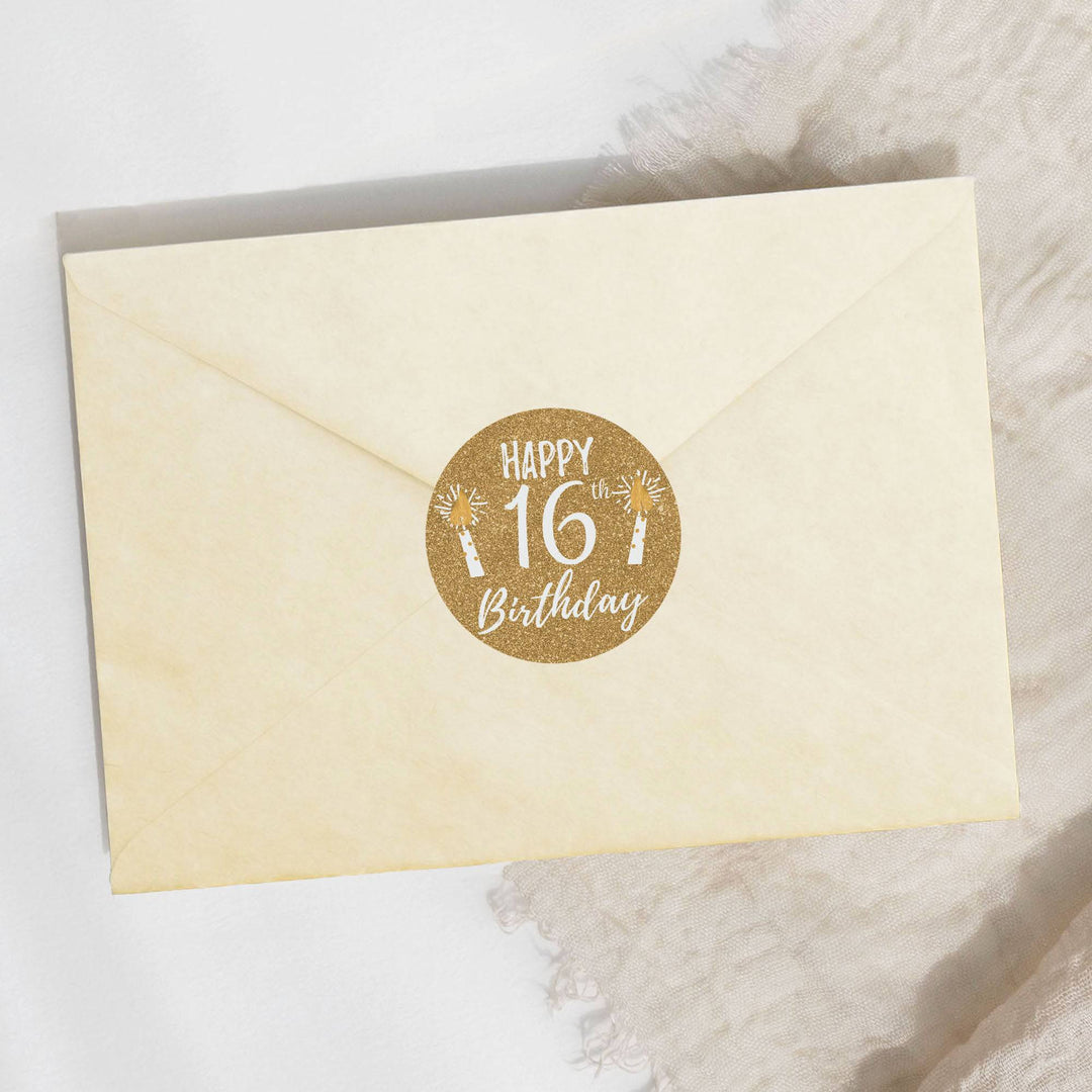 Sweet 16: White & Gold - Birthday Party Favor Stickers - 40 Stickers