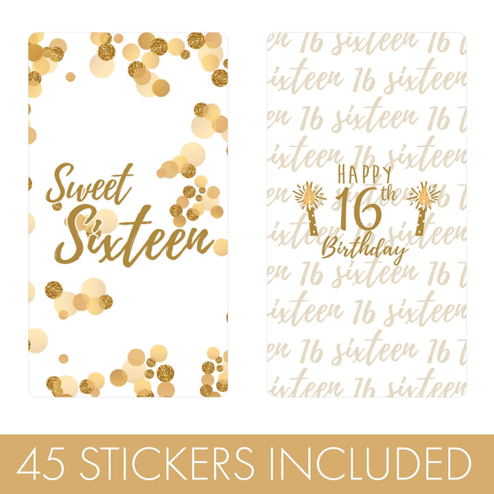Sweet 16: White & Gold - Birthday Party Mini Candy Bar Wrappers - 45 Stickers - Distinctivs Party