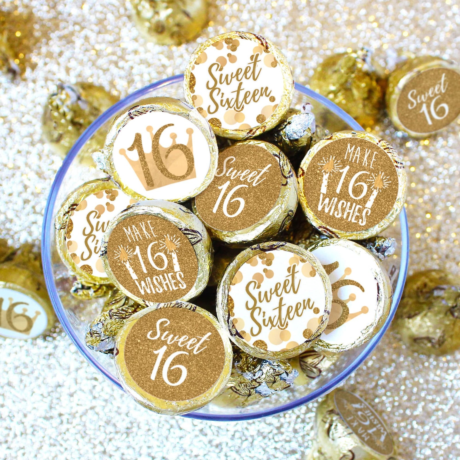 Sweet 16: White & Gold - Birthday Party Party Favor Stickers - Fits on Hershey's Kisses - 180 Stickers - Distinctivs Party