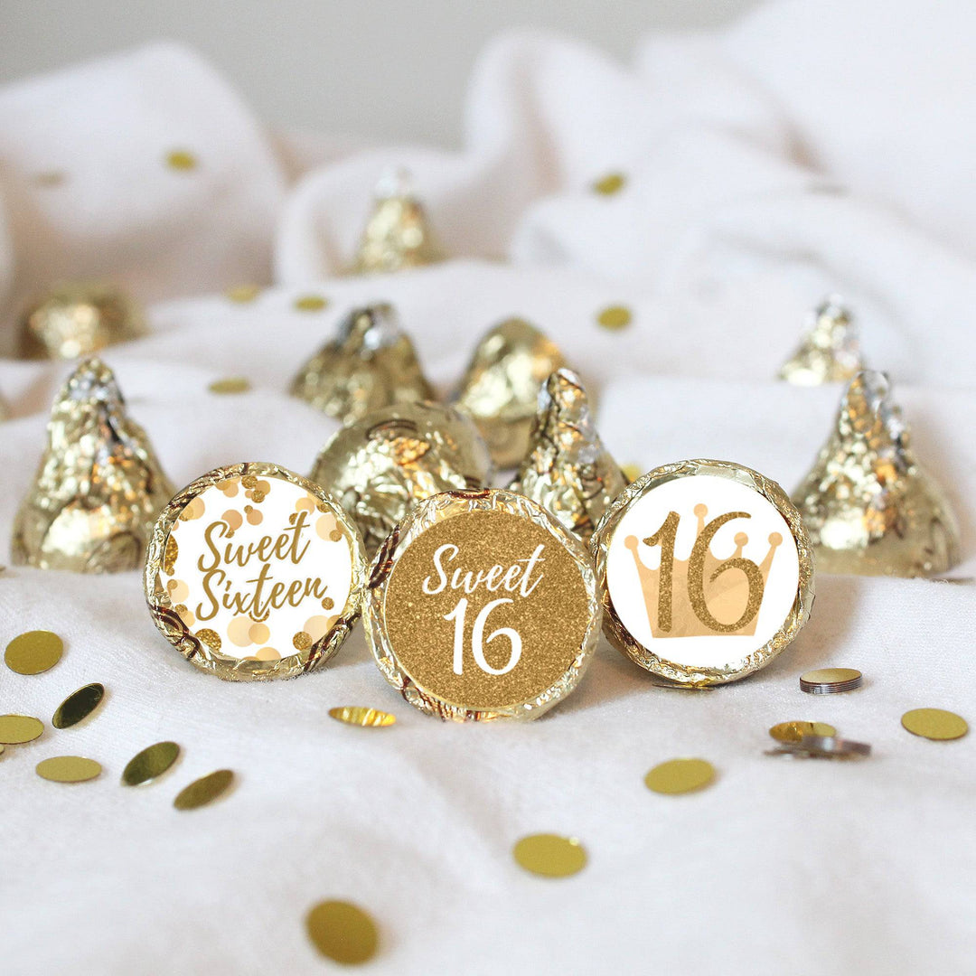 Sweet 16: White & Gold - Birthday Party Party Favor Stickers - Fits on Hershey's Kisses - 180 Stickers - Distinctivs Party