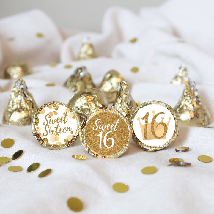 Sweet 16: White & Gold - Birthday Party Party Favor Stickers - Fits on Hershey's Kisses - 180 Stickers - Distinctivs Party