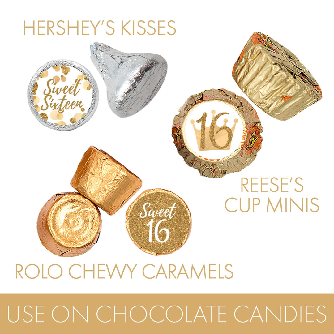 Sweet 16: White & Gold - Birthday Party Party Favor Stickers - Fits on Hershey's Kisses - 180 Stickers