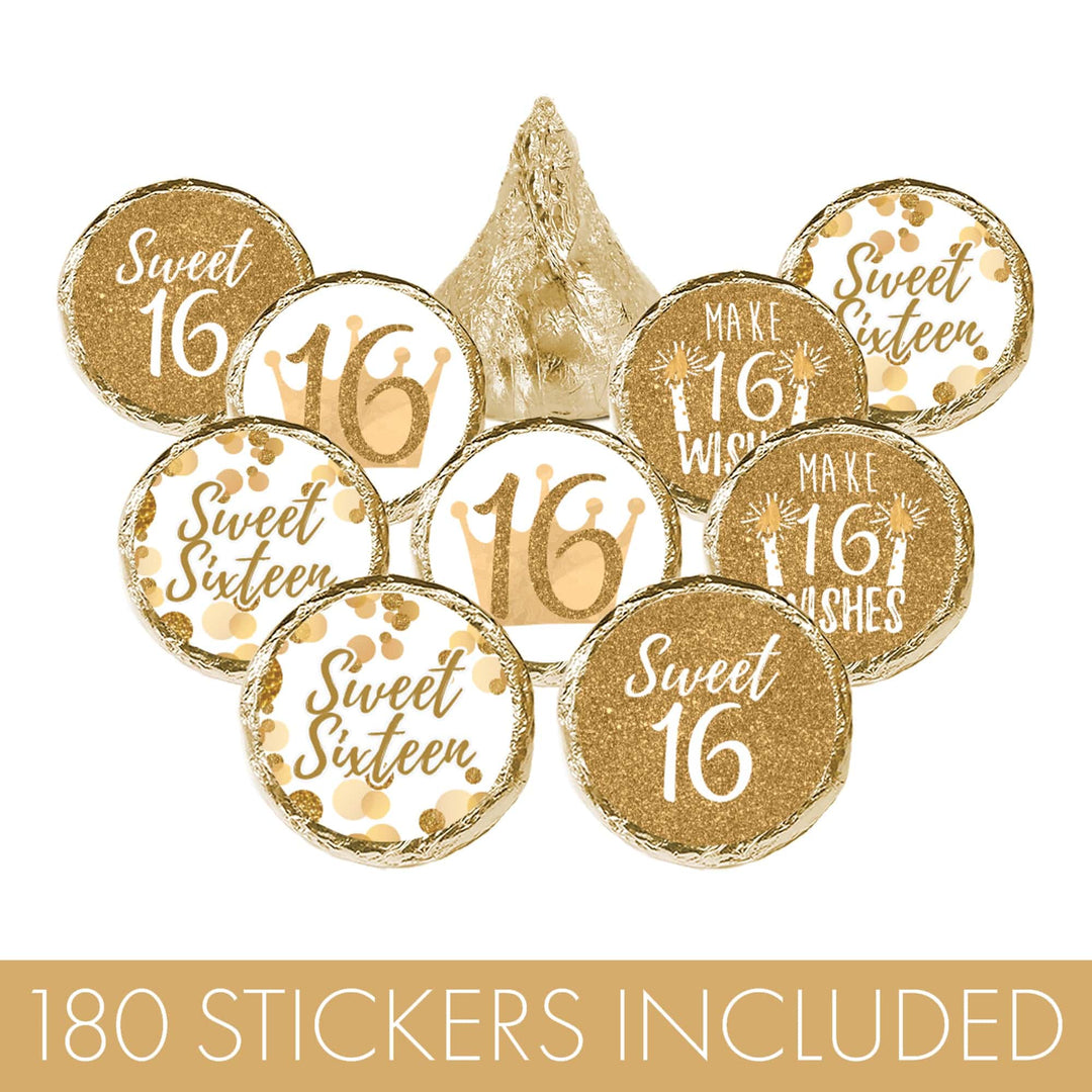 Sweet 16: White & Gold - Birthday Party Party Favor Stickers - Fits on Hershey's Kisses - 180 Stickers - Distinctivs Party