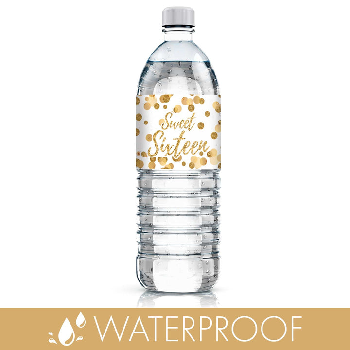 Sweet 16: White & Gold - Birthday Party  Water Bottle Labels - 24 Stickers - Distinctivs Party