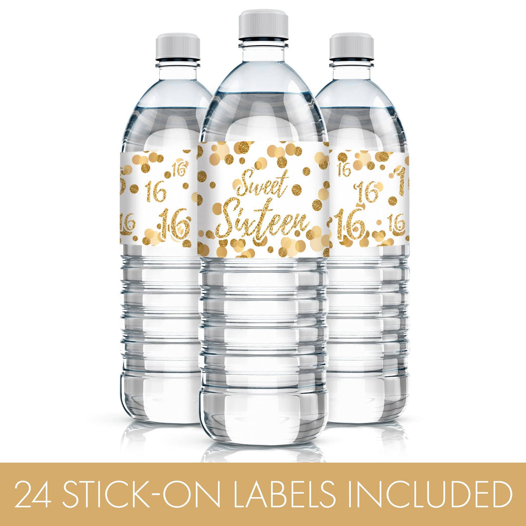 Sweet 16: White & Gold - Birthday Party  Water Bottle Labels - 24 Stickers