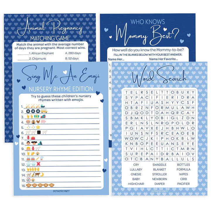 Sweet Baby Boy: Blue- Baby Shower Game Bundle - Emoji, Animal Match, Who Knows, Word Search - 4 Games for 20 Players - 40 Dual Sided Cards