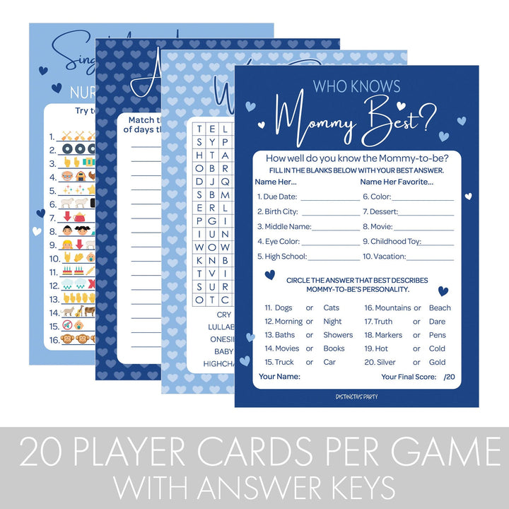 Sweet Baby Boy: Blue- Baby Shower Game Bundle - Emoji, Animal Match, Who Knows, Word Search - 4 Games for 20 Players - 40 Dual Sided Cards