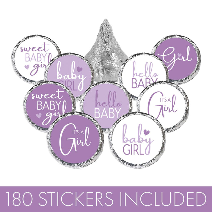 Sweet Baby Girl: Purple - It’s a Girl Stickers for Kisses Candies - 180 Label Count - Distinctivs Party