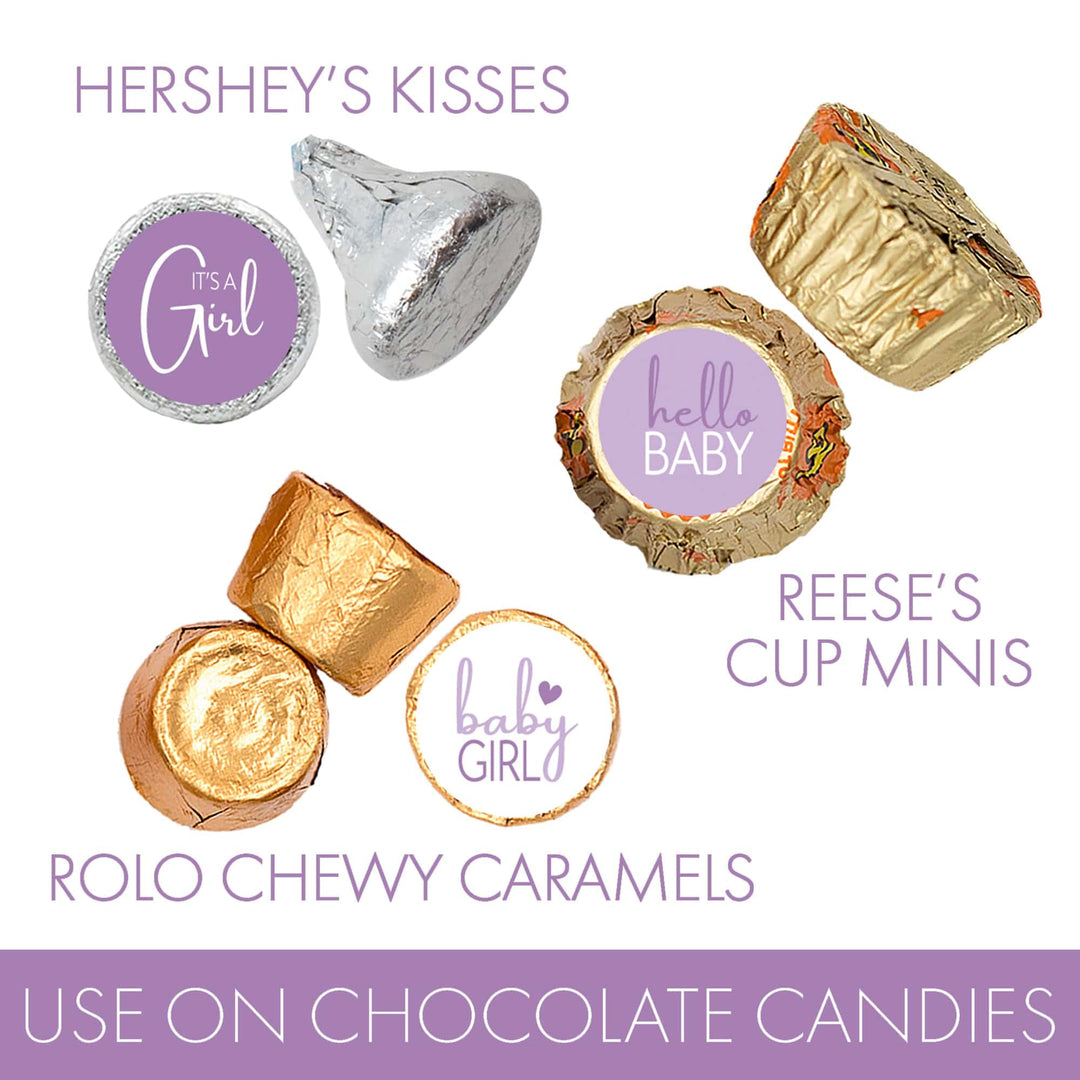Sweet Baby Girl: Purple - It’s a Girl Stickers for Kisses Candies - 180 Label Count - Distinctivs Party