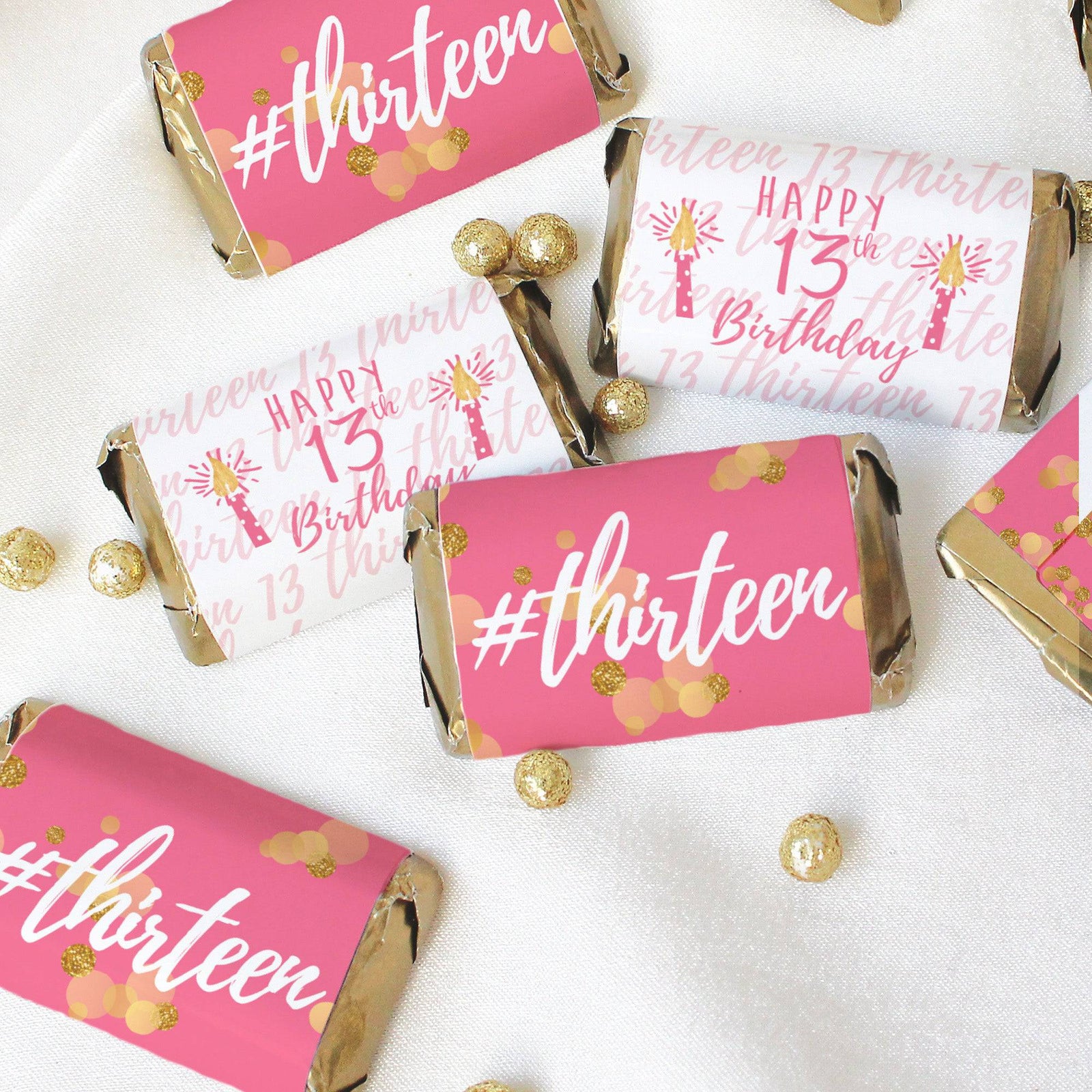 Thirteenth Birthday: Gold Confetti Pink & Gold - Mini Candy Bar Labels - Fits Hershey® Miniatures - 45 Stickers - Distinctivs Party