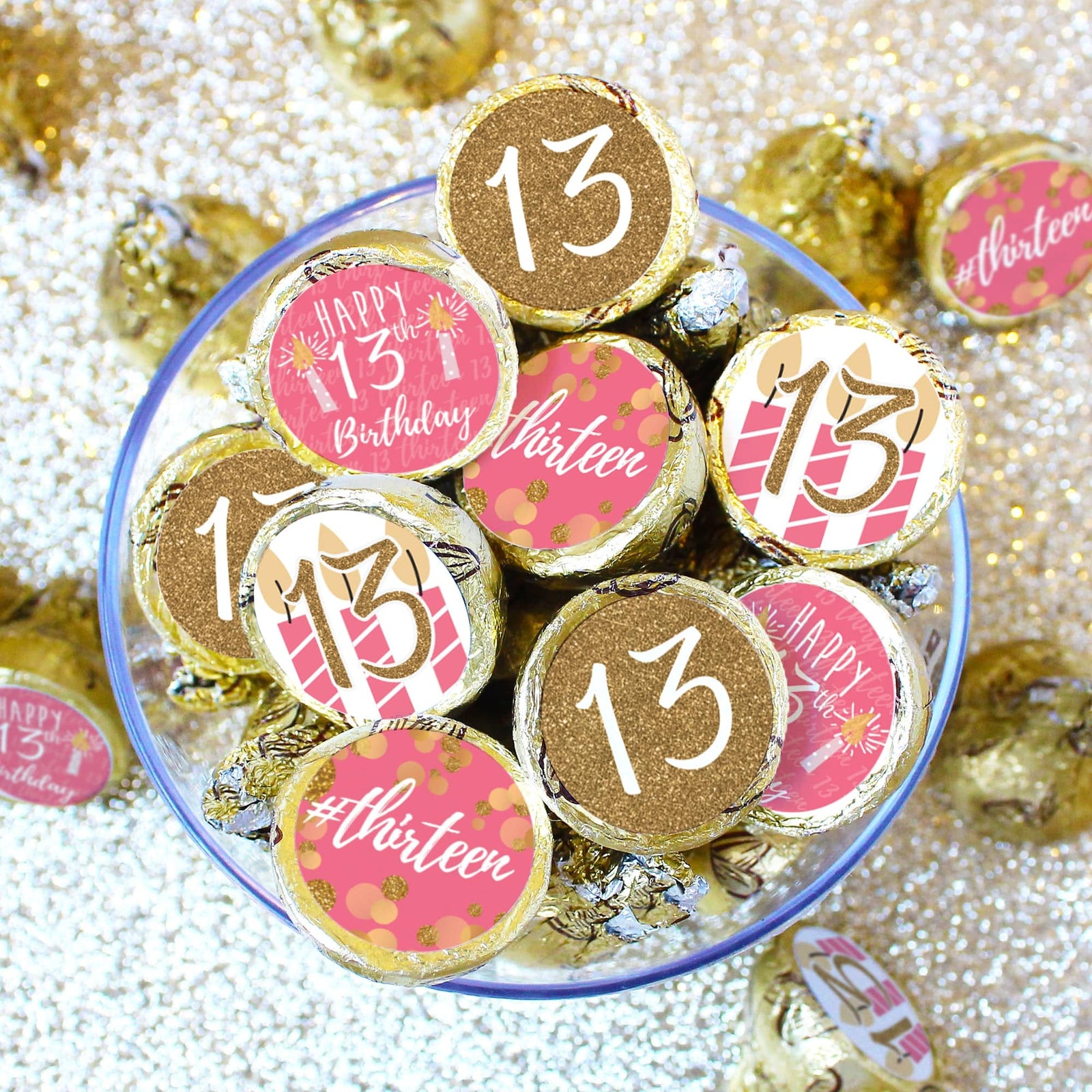 Thirteenth Birthday: Gold Confetti Pink & Gold - Party Stickers - Fits Hershey®  Kisses - 180 Stickers - Distinctivs Party