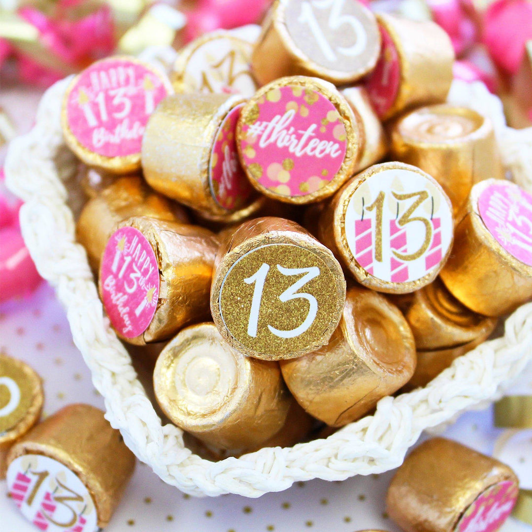 Decimotercer cumpleaños: Confeti dorado rosa y dorado - Calcomanías de fiesta - Se adapta a Hershey® Kisses - 180 calcomanías