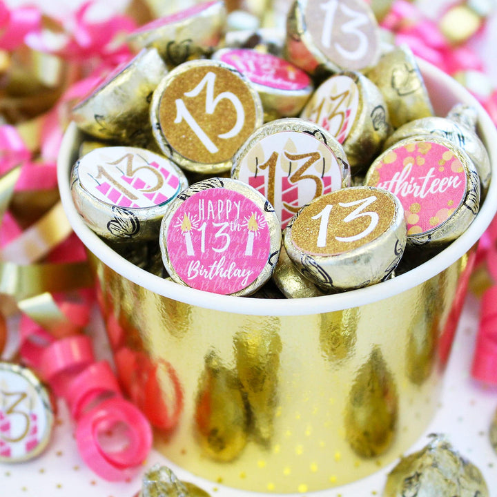 Thirteenth Birthday: Gold Confetti Pink & Gold - Party Stickers - Fits Hershey®  Kisses - 180 Stickers - Distinctivs Party