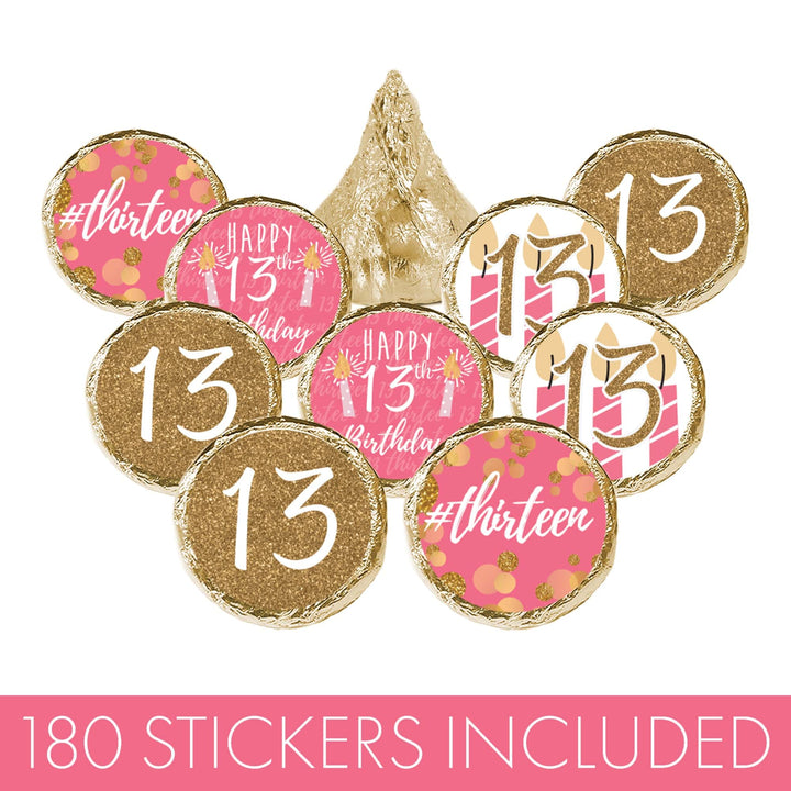 Thirteenth Birthday: Gold Confetti Pink & Gold - Party Stickers - Fits Hershey®  Kisses - 180 Stickers - Distinctivs Party