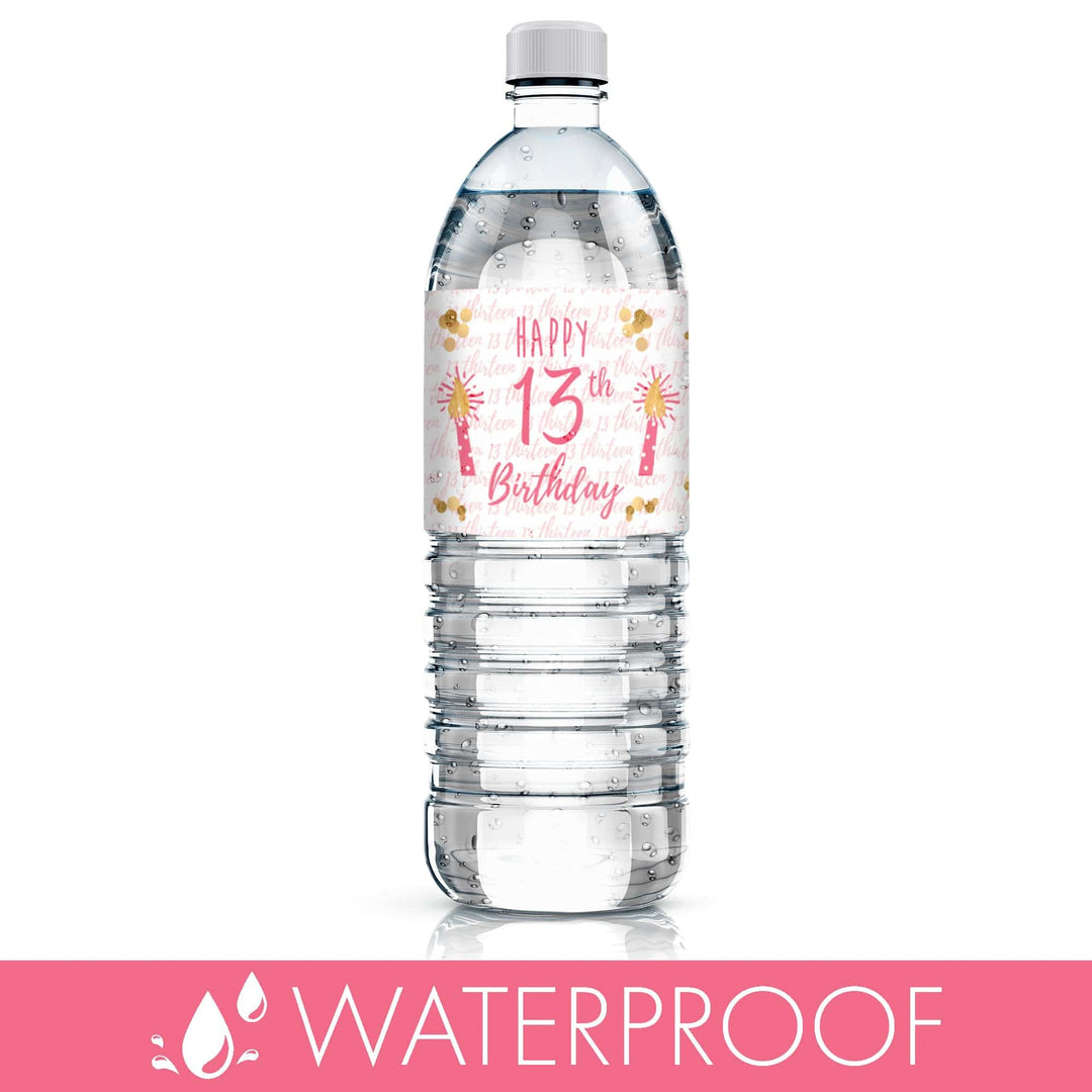 Thirteenth Birthday: Gold Confetti Pink & Gold - Water Bottle Labels - 24 Waterproof Stickers