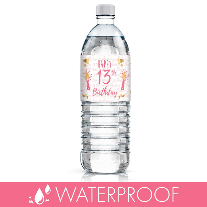 Thirteenth Birthday: Gold Confetti Pink & Gold - Water Bottle Labels - 24 Waterproof Stickers