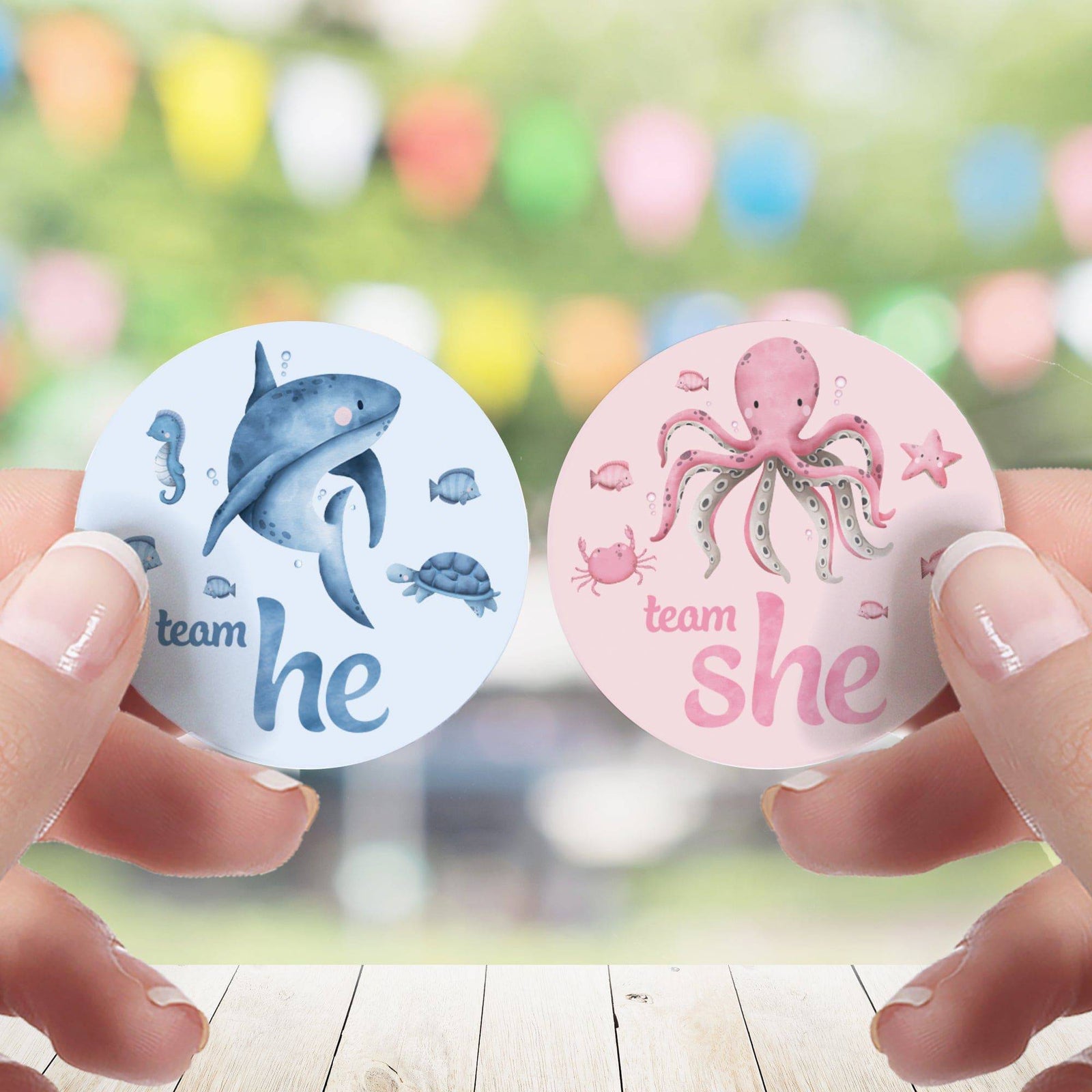 Under the Sea: Gender Reveal Party - Team He or Team She - 40 Stickers - Distinctivs Party