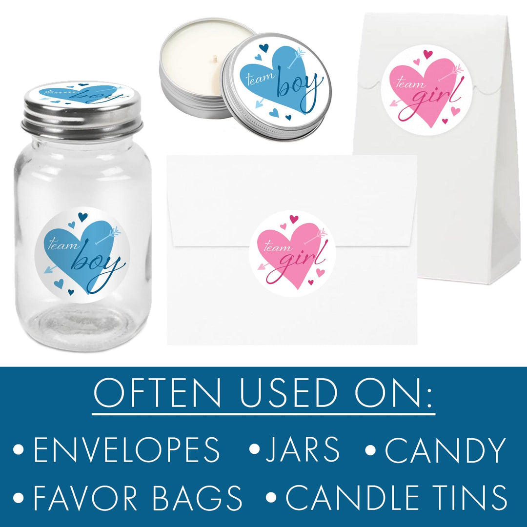 Valentine's Day Gender Reveal Stickers: Blue & Pink Hearts - Team He or Team She Stickers - 40 Stickers - Distinctivs Party