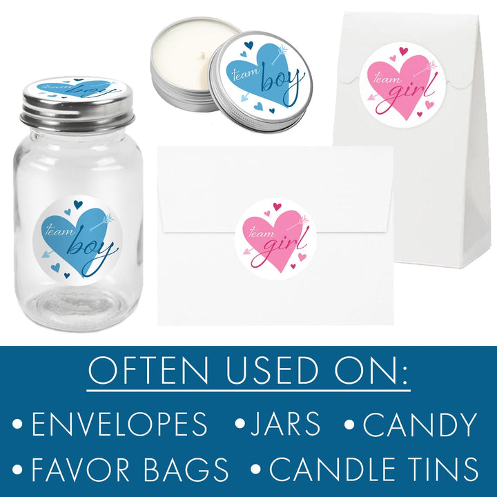 Valentine's Day Gender Reveal Stickers: Blue & Pink Hearts - Team He or Team She Stickers - 40 Stickers - Distinctivs Party