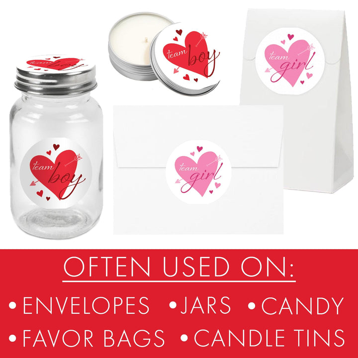 Valentine's Day Gender Reveal Stickers: Red & Pink Hearts - Team He or Team She Stickers - 40 Stickers - Distinctivs Party