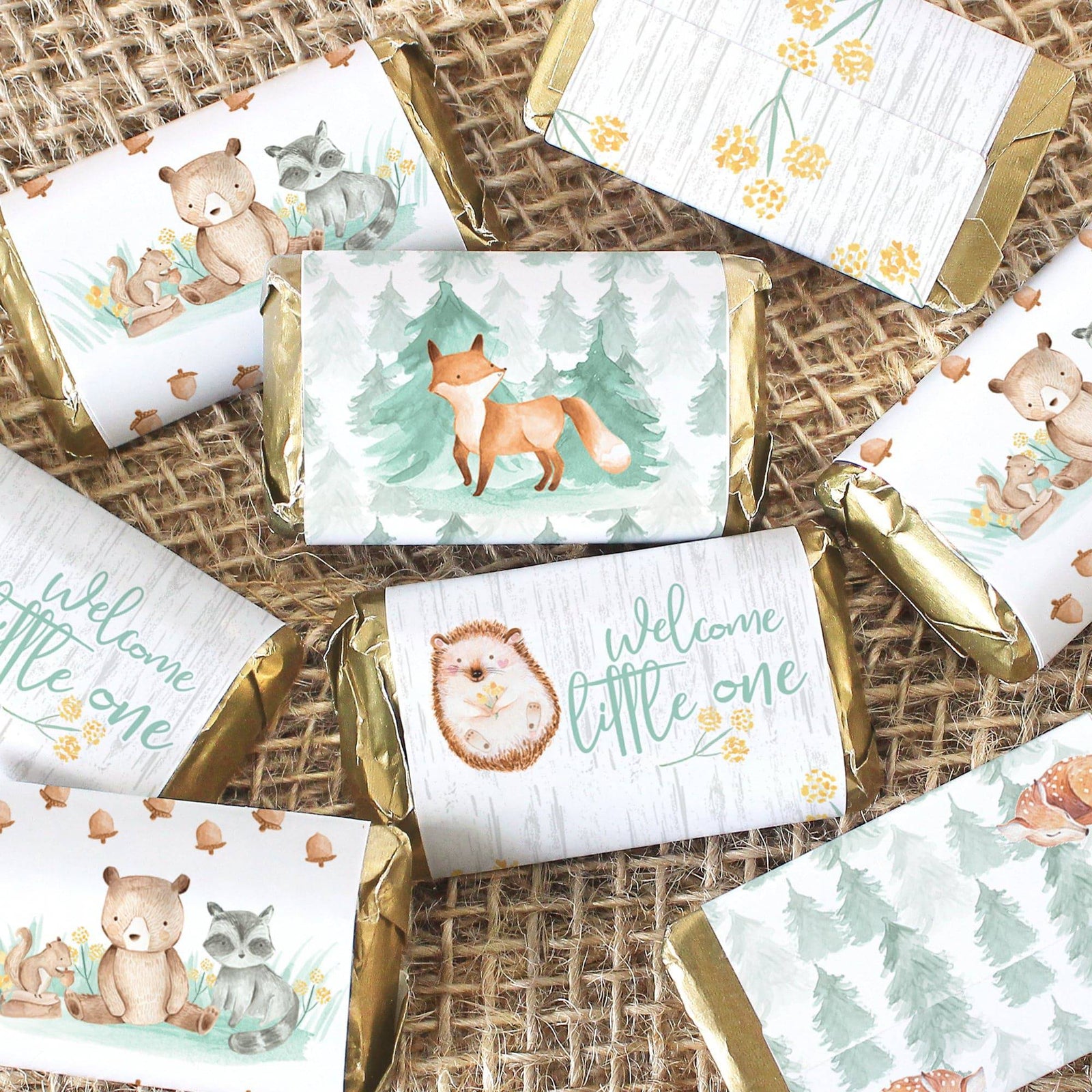 Watercolor Woodland Baby Shower Mini Candy Bar Wrappers - 45 Count - Distinctivs Party