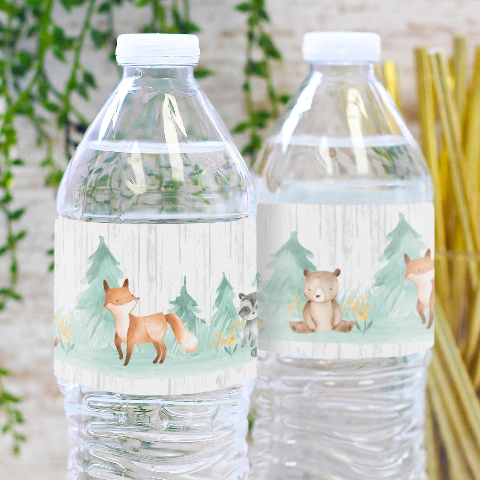 Watercolor Woodland Baby Shower Water Bottle Labels - 20 Count - Distinctivs Party