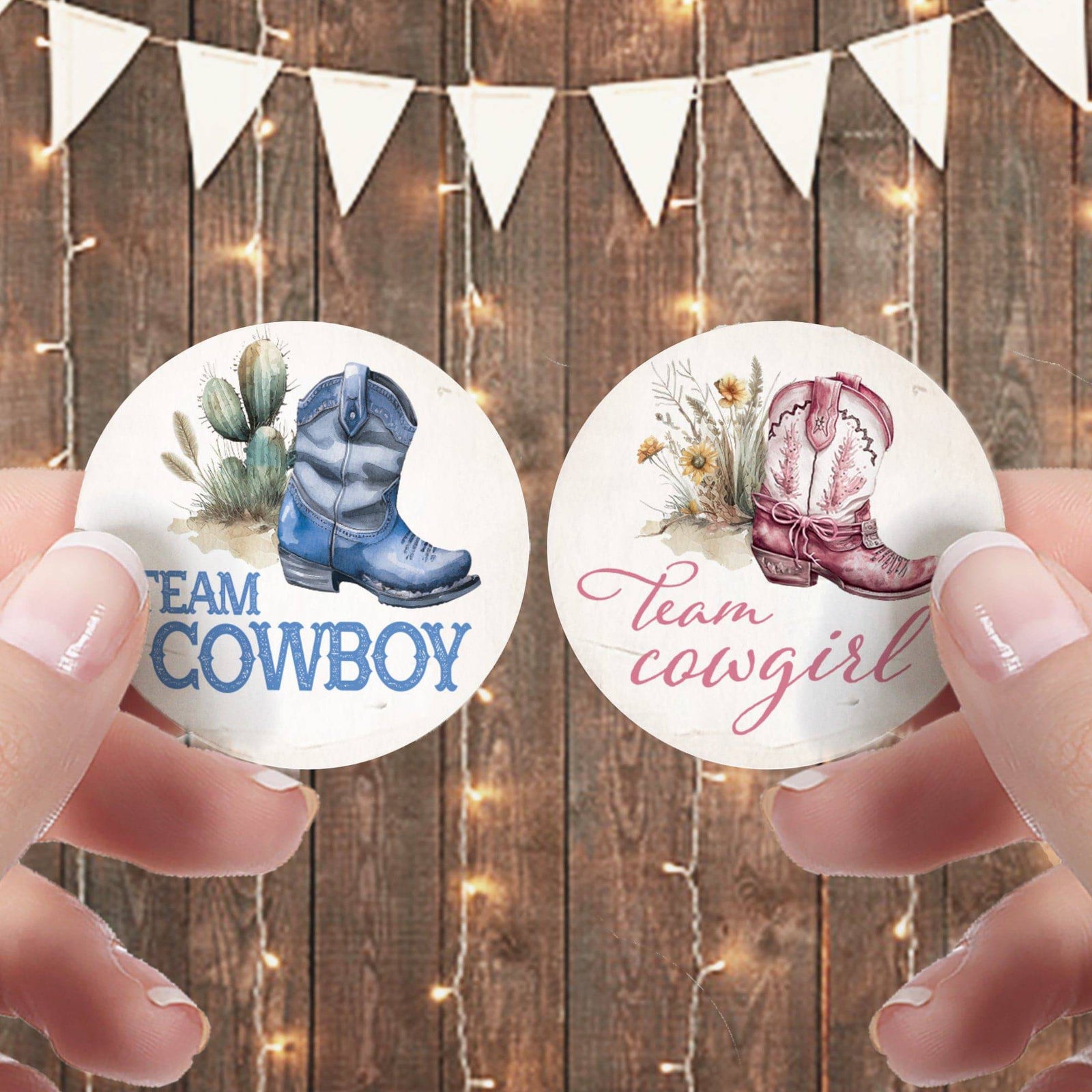 Western Baby: Gender Reveal Party - Team Cowboy or Team Cowgirl - 40 Stickers - Distinctivs Party