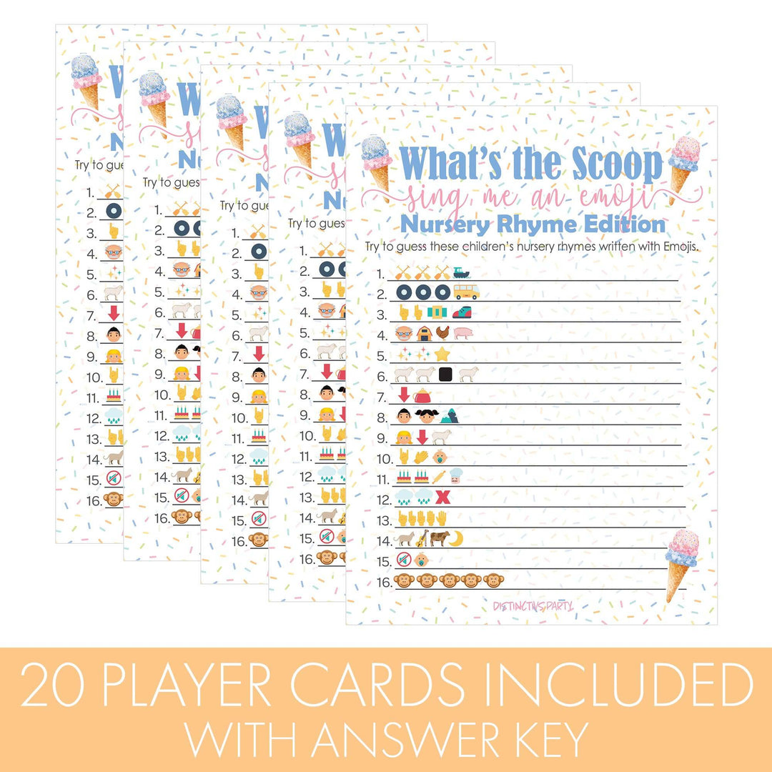 What's the Scoop:  Ice Cream - Gender Reveal Party Game - Emoji Game Cards - 20 Cards - Distinctivs Party