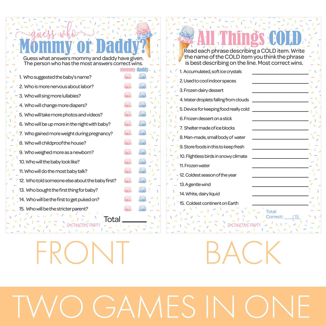 What's the Scoop:  Ice Cream - Gender Reveal Party Game - "Guess Who" Mommy or Daddy and All Things Cold  Two Game Bundle - 20 Dual Sided Cards - Distinctivs Party