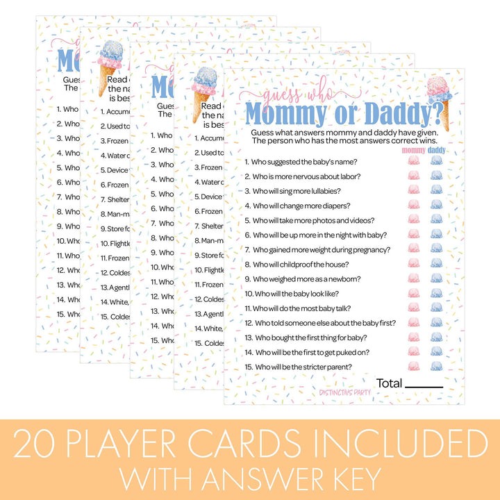 What's the Scoop:  Ice Cream - Gender Reveal Party Game - "Guess Who" Mommy or Daddy and All Things Cold  Two Game Bundle - 20 Dual Sided Cards - Distinctivs Party