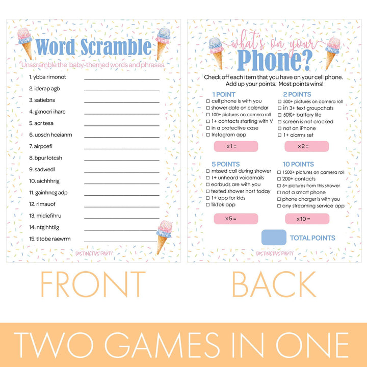 What's the Scoop:  Ice Cream - Gender Reveal Party Game - What's On Your Phone and Word Scramble - Two Game Bundle -  20 Dual Sided Cards