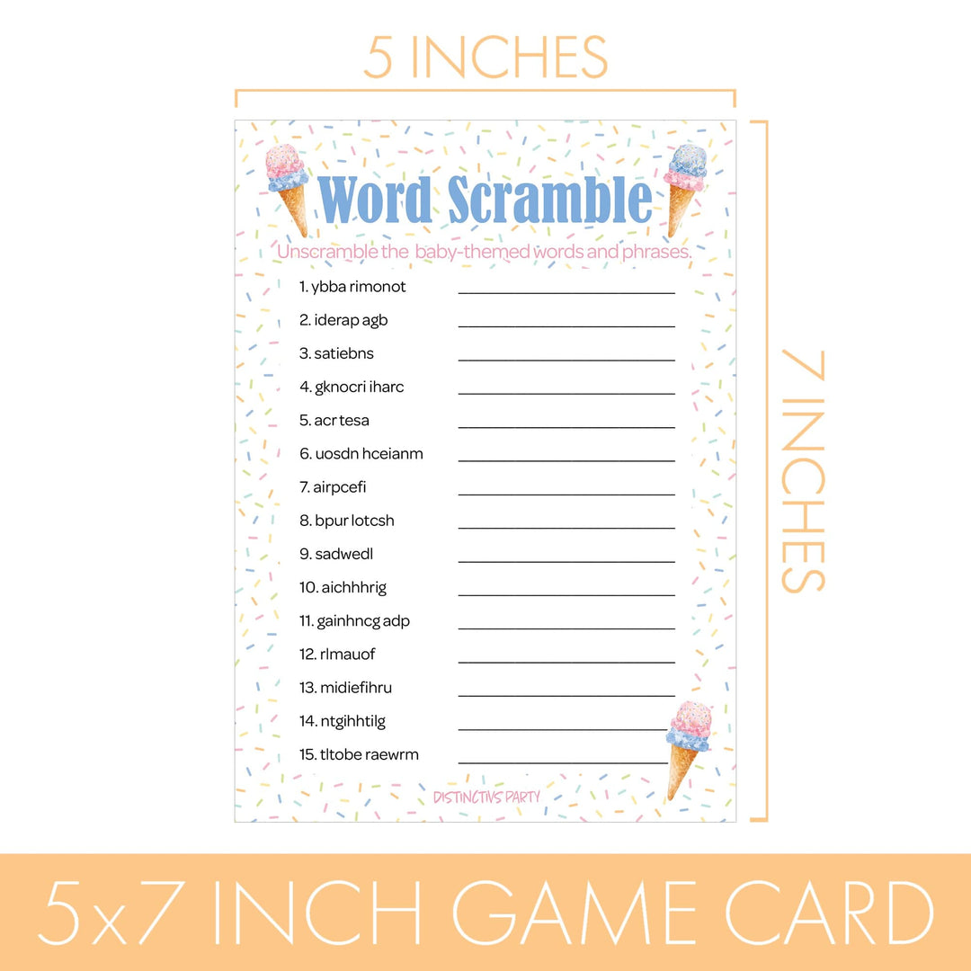 What's the Scoop:  Ice Cream - Gender Reveal Party Game - What's On Your Phone and Word Scramble - Two Game Bundle -  20 Dual Sided Cards - Distinctivs Party