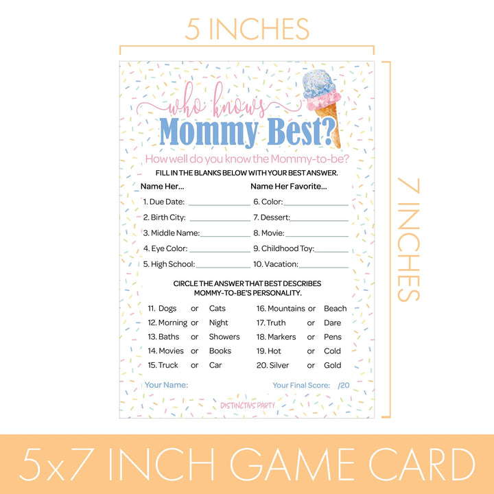 What's the Scoop:  Ice Cream - Gender Reveal Party Game -  Who Knows Mommy Best - 20 Cards - Distinctivs Party