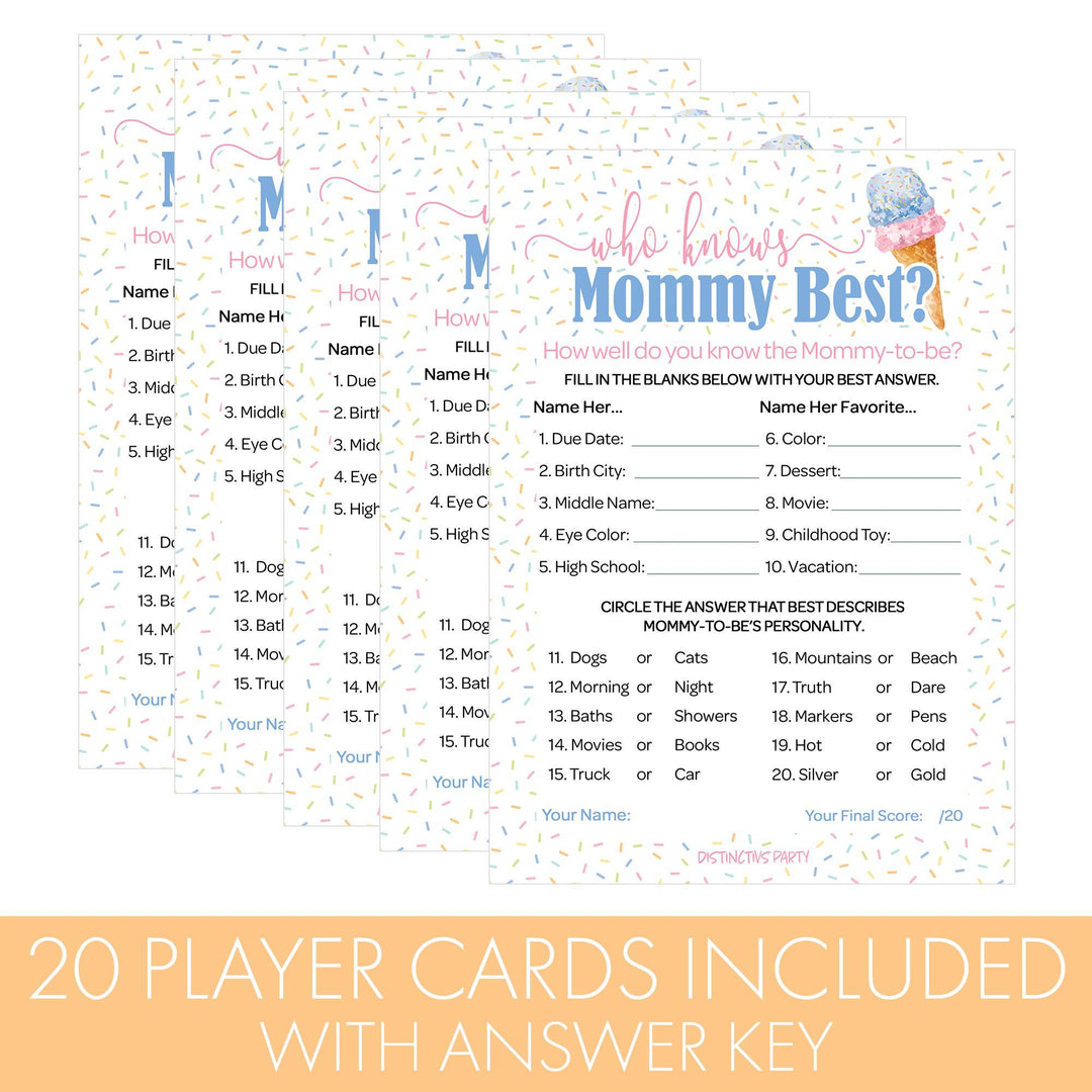 What's the Scoop:  Ice Cream - Gender Reveal Party Game -  Who Knows Mommy Best - 20 Cards - Distinctivs Party