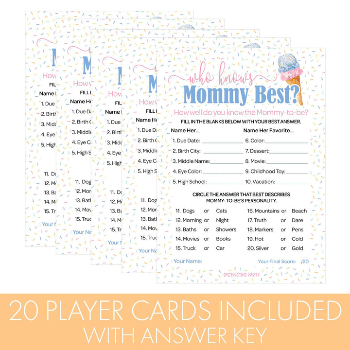 What's the Scoop:  Ice Cream - Gender Reveal Party Game -  Who Knows Mommy Best - 20 Cards - Distinctivs Party
