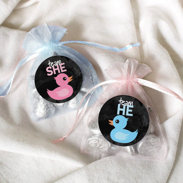 What the Duck Are They Having Gender Reveal Party - Team He or Team She - 40 Stickers - Distinctivs Party