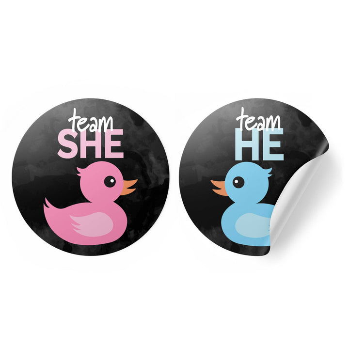What the Duck Are They Having Gender Reveal Party - Team He or Team She - 40 Stickers - Distinctivs Party