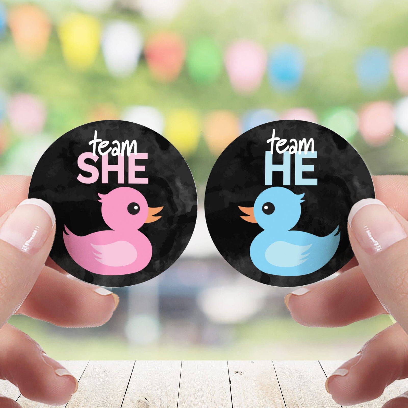 What the Duck Are They Having Gender Reveal Party - Team He or Team She - 40 Stickers - Distinctivs Party