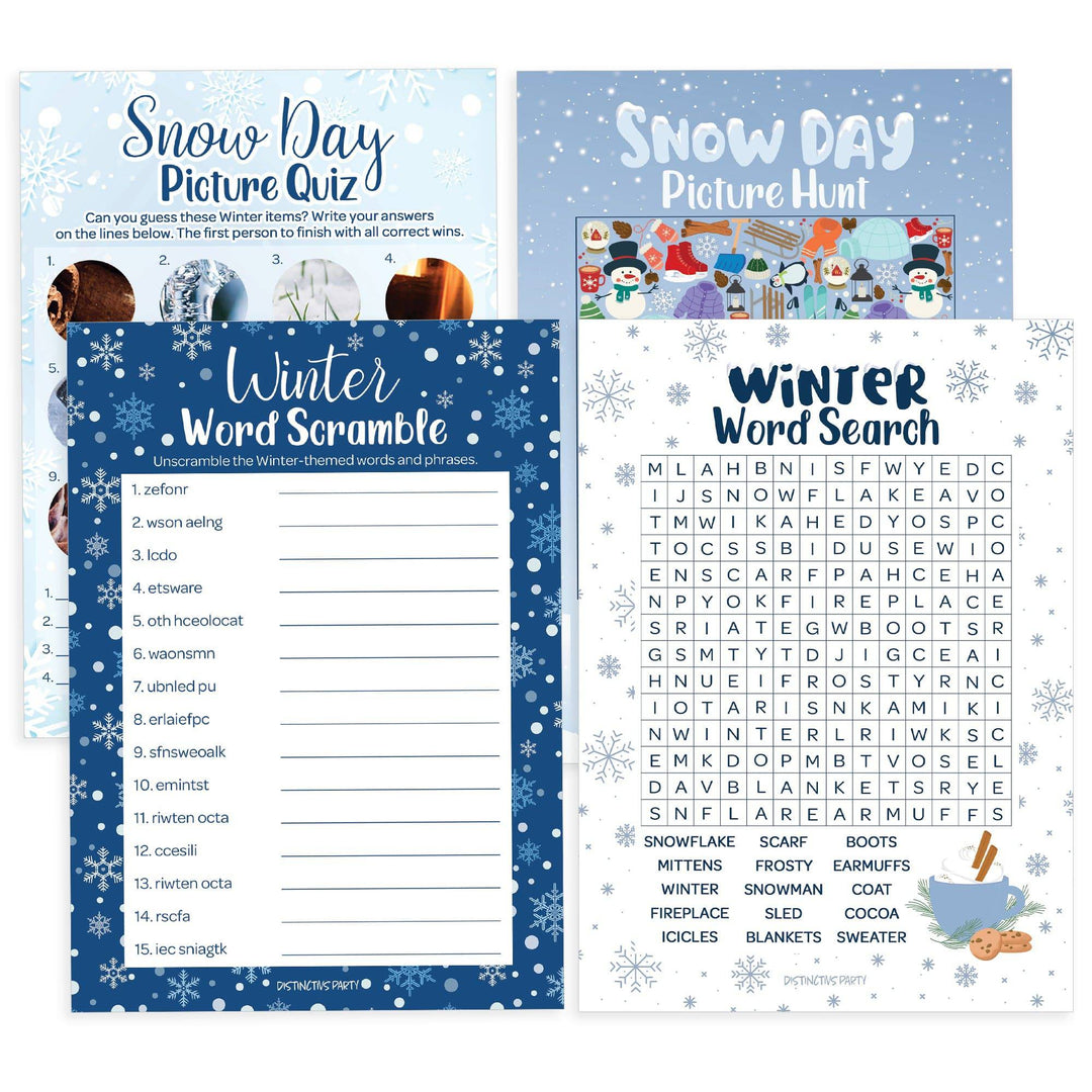 Winter Game: Blue Snowflakes - Winter Word Search, Picture Hunt , Word Scramble and Picture Quiz- 4 Game Bundle for 25 Kids