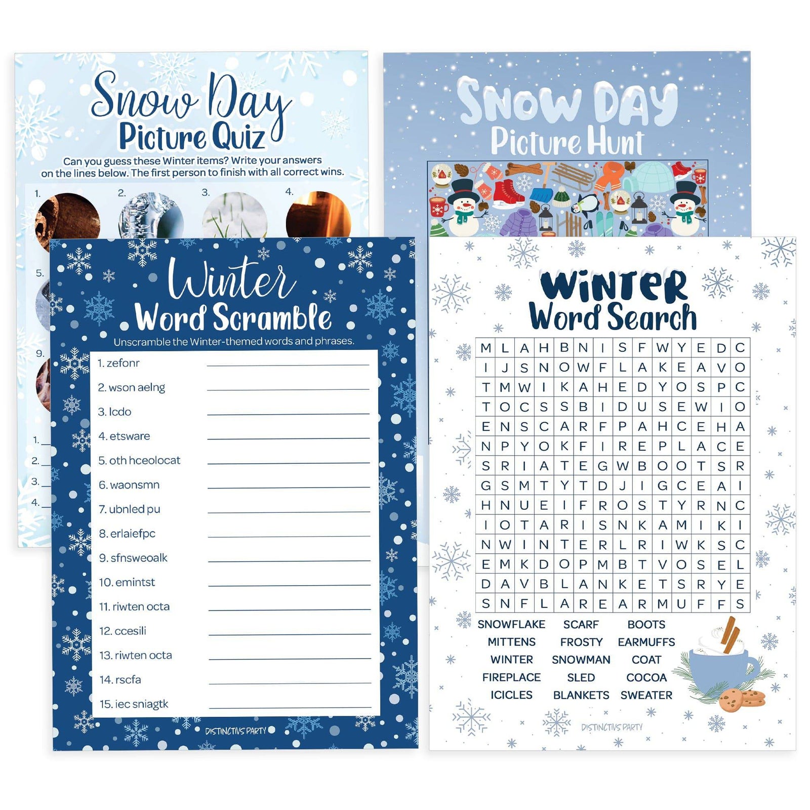 Winter Game: Blue Snowflakes - Winter Word Search, Picture Hunt , Word Scramble and Picture Quiz- 4 Game Bundle for 25 Kids - Distinctivs Party